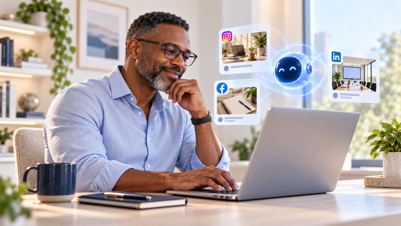 A business owner smiling at his laptop as his posts go out