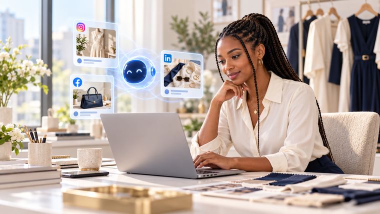 A fashion designer at her laptop in her boutique