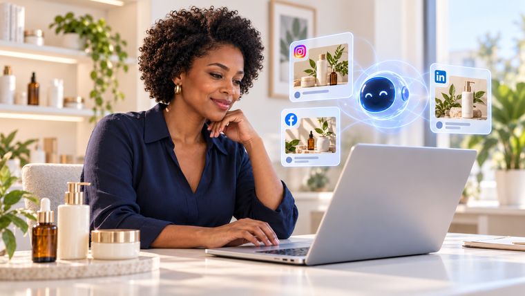 A skincare business owner reviewing her posts
